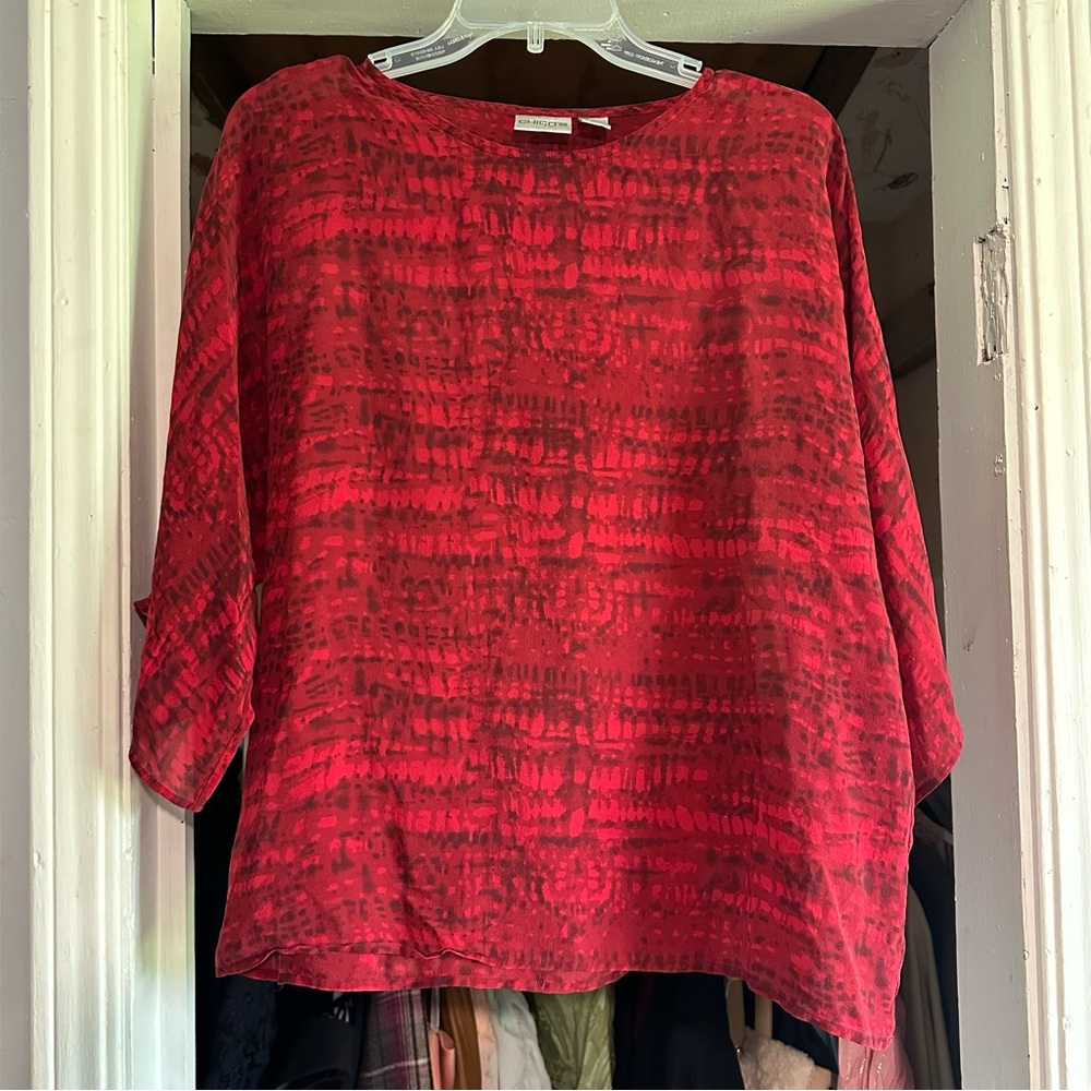 Chico's 100% Silk Tunic Blouse Sz 1 M Colorful Red Sheer Kimono 3/4 Sleeve EUC